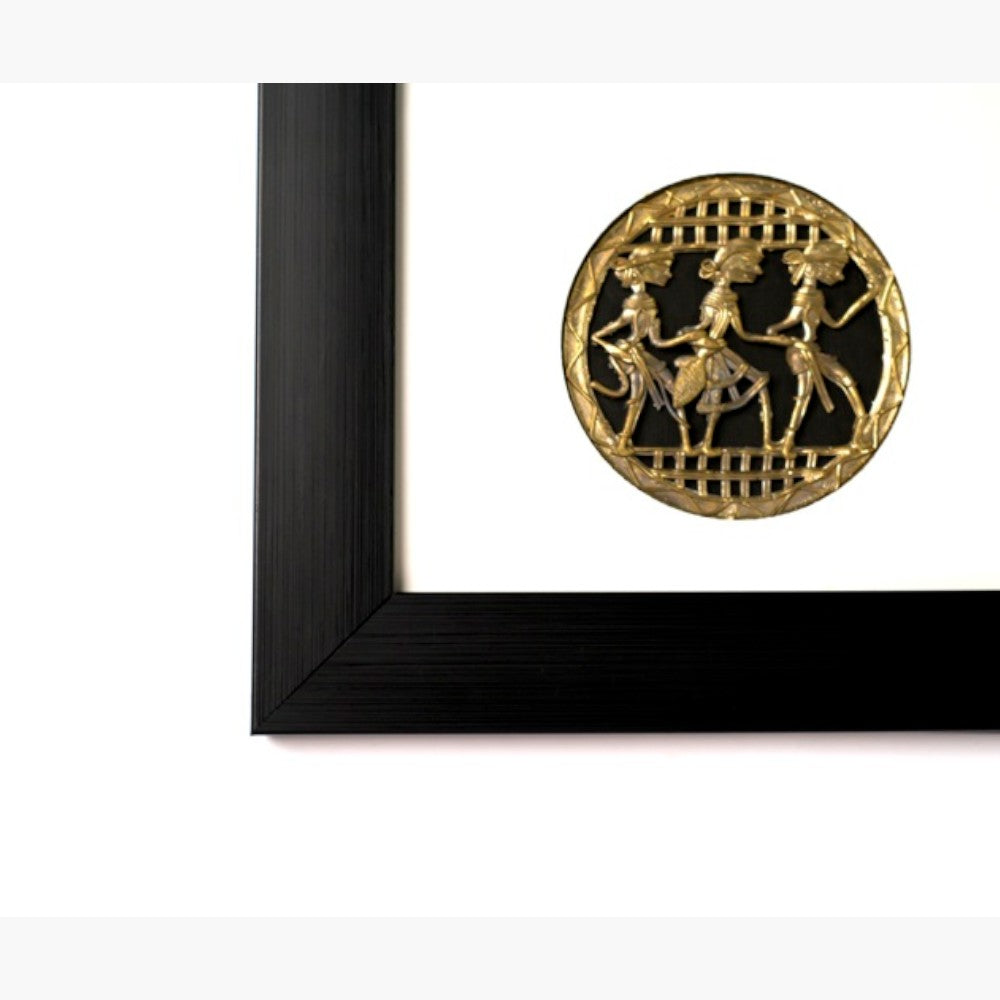 Traditional Bastar Dokra art brass circular dancing figures wall frame with black wooden border