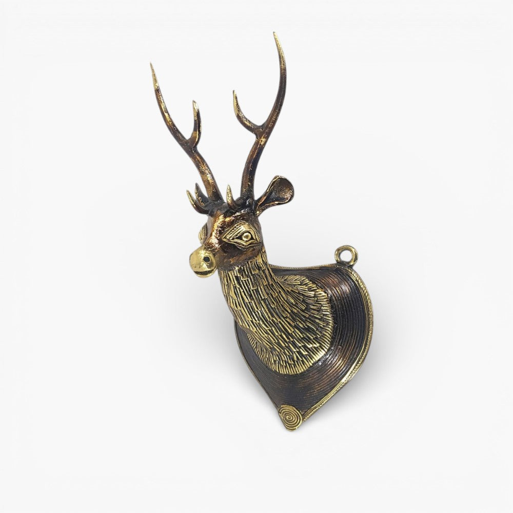 Bastar Dokra art brass deer head wall accent front view