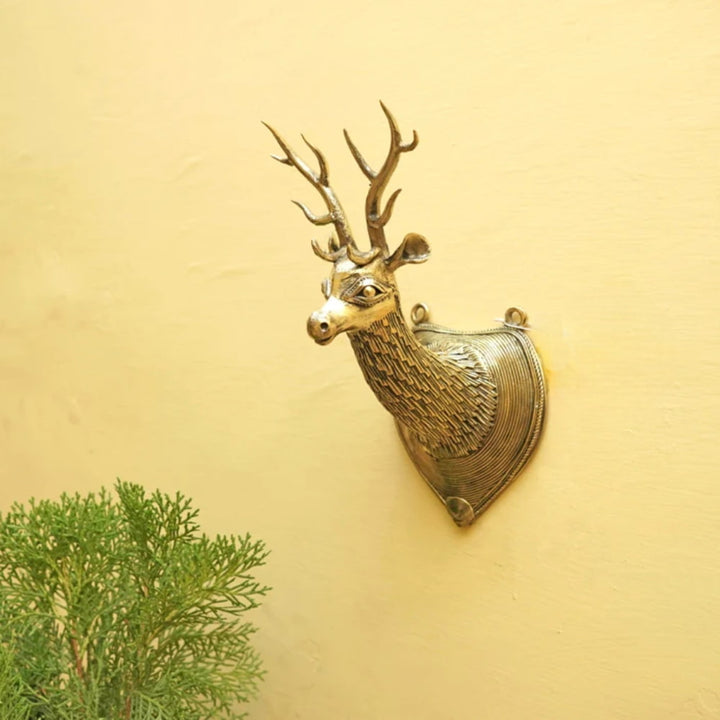 Sacred Antlers – Bastar Dokra Art Brass Deer Head Wall Accent (Golden, 10 Inch)
