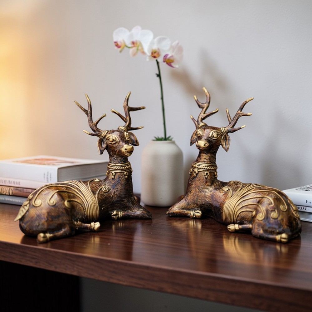 Handcrafted brass deer pair figurines in Bastar Dokra art bronze finish decorative tabletop sculpture