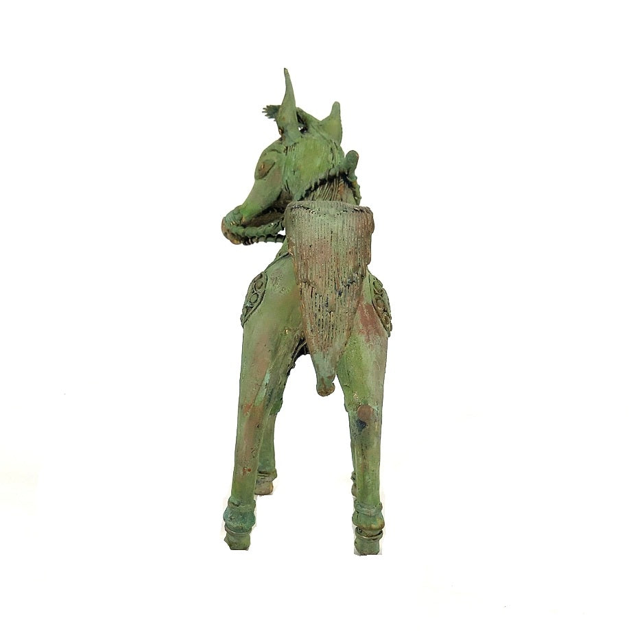 Rear view handcrafted brass charging horse Dokra art detailing
