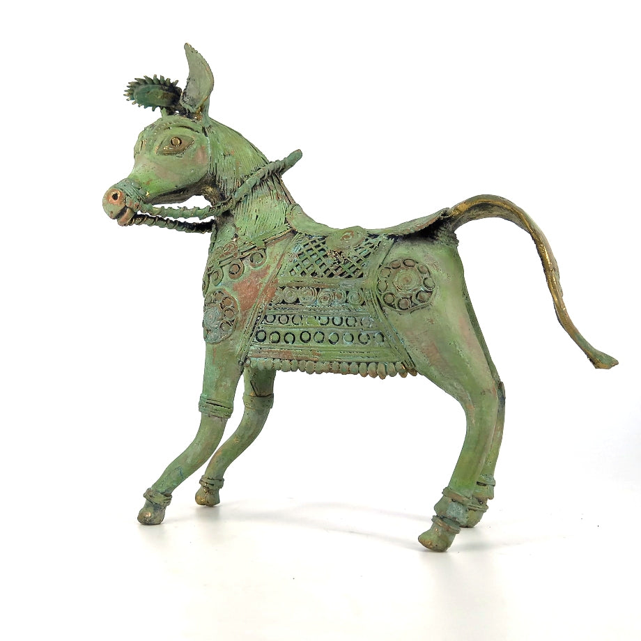 Side angle of Bastar Dokra art brass horse sculpture verdigris finish