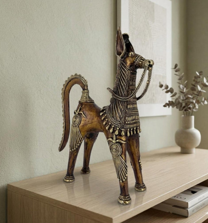 Handcrafted brass horse statue in Bastar Dokra art decorative metal sculpture for home decor