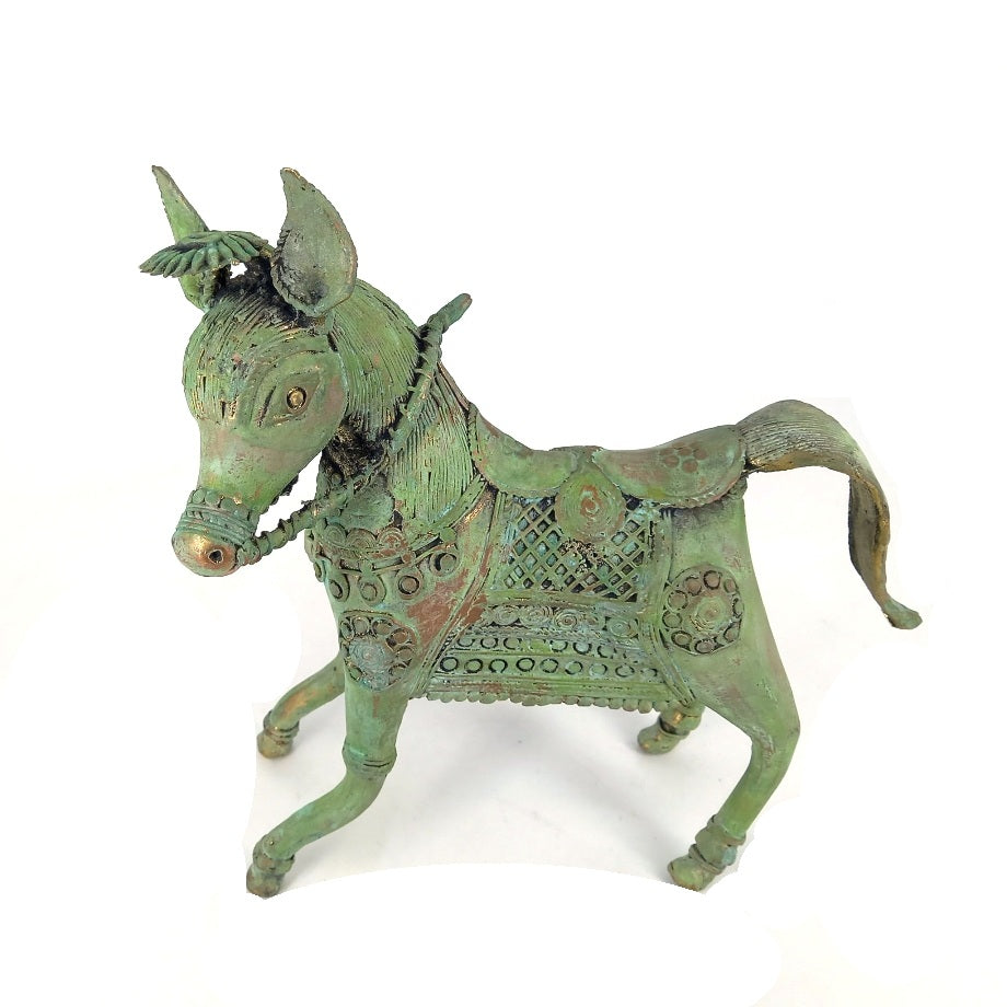 Handmade brass charging horse with ornamented saddle Bastar Dokra art top view