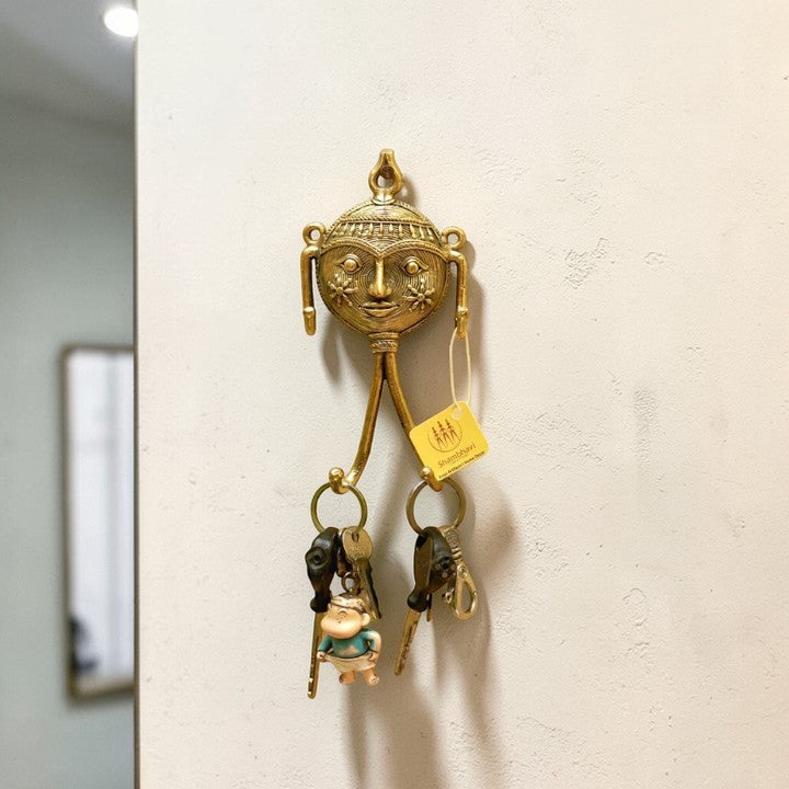 Handmade Bastar Dokra art brass mask key hanger wall mounted