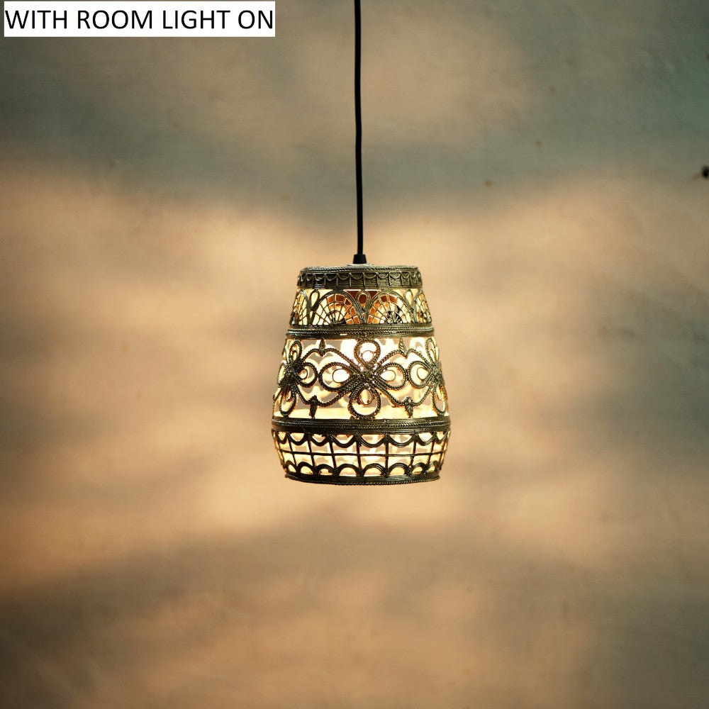 Bastar Dokra art inspired brass pendant lampshade for home décor with room light on