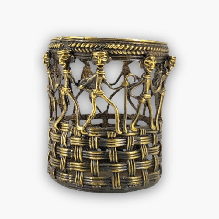 Handcrafted brass pen holder with marching people design in Bastar Dokra art bronze finish