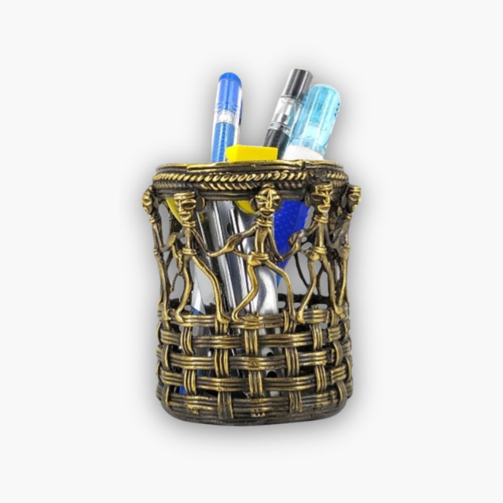 Decorative Bastar Dokra art brass pen holder with marching figures design for desk decor