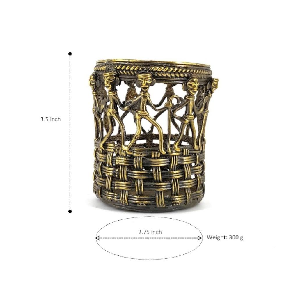 Bastar Dokra art brass pen holder with marching people design showing size dimensions