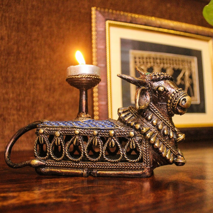 Brass Bastar Dokra art Nandi tealight holder front view