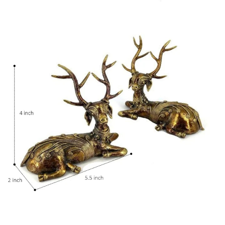 Handcrafted Bastar Dokra art brass pair deer figurines bronze color decorative animal sculpture dimension view