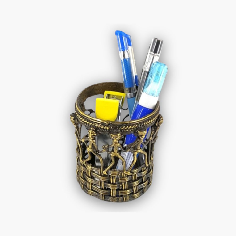 Bastar Dokra art brass pen holder with marching people motif used as desk organizer