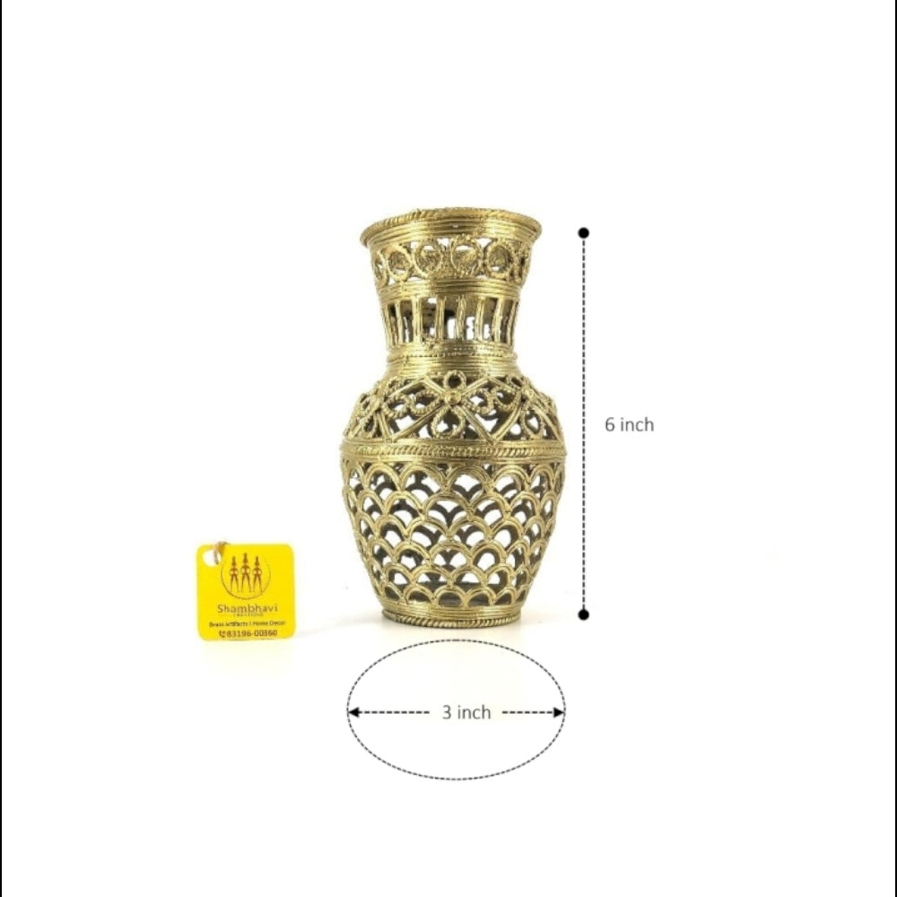 Handmade Bastar Dokra art brass strips motif vase shown with dimensions, emphasizing compact size, cylindrical form, and intricate brass craftsmanship