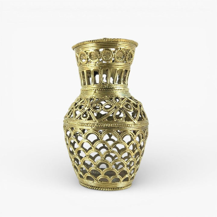 Bastar Dokra art handcrafted brass strips motif vase photographed from the front, highlighting openwork metal pattern and polished golden finish