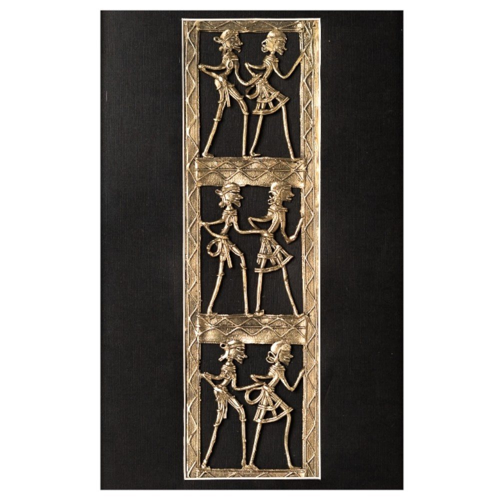Handcrafted Bastar Dokra art brass wall hanging frame with traditional tribal dance motif on black background