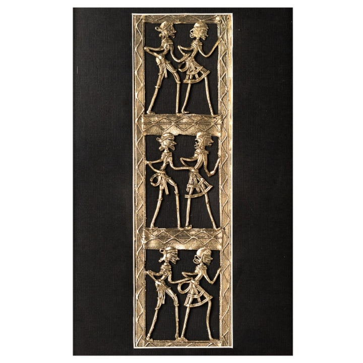 Handcrafted Bastar Dokra art brass wall hanging frame with traditional tribal dance motif on black background