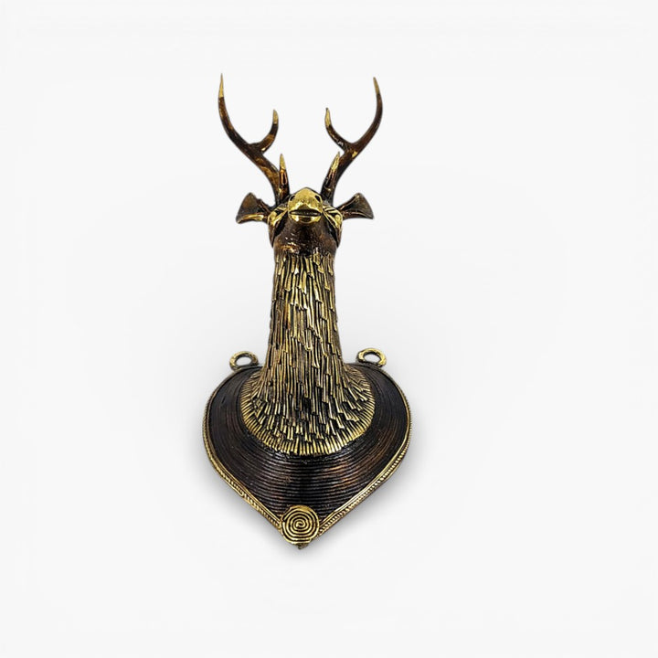 Handcrafted brass deer head wall decor angled view