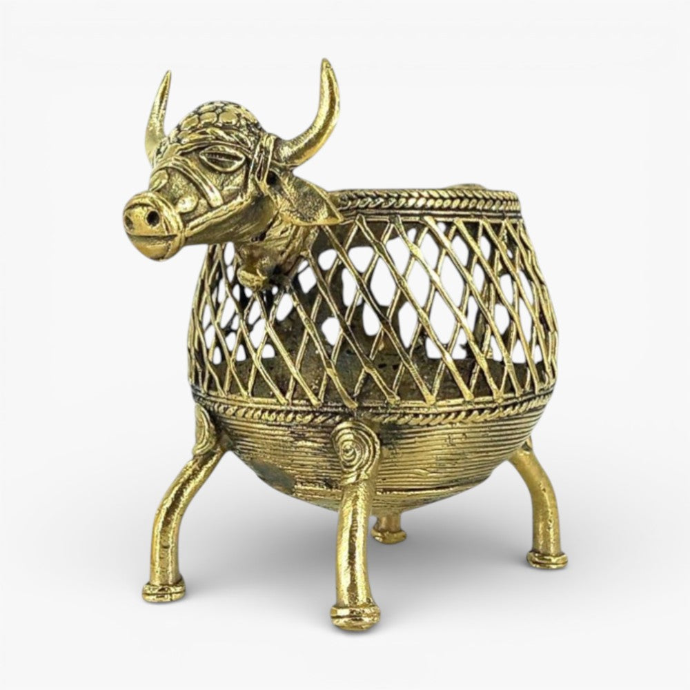 Bastar Dokra art bell metal pen holder side angle