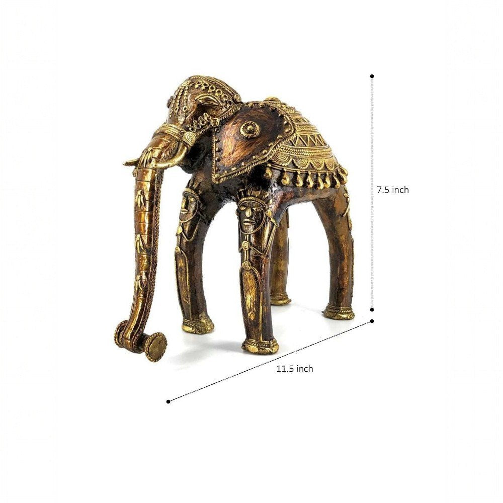 Handcrafted Bastar Dokra art curved elephant bell metal figurine decorative tribal elephant sculpture with dimension view