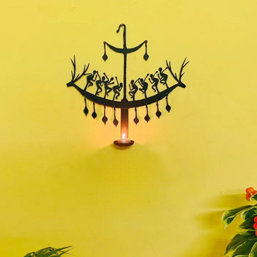 Handmade iron Bastar Dokra art deer wall hanging with candle holder