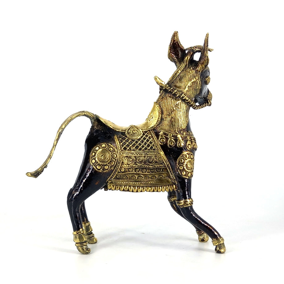 Close-up detailing of Bastar Dokra art brass horse back gloden view