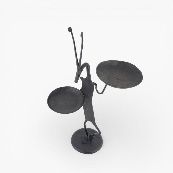 Artisan made tall iron tea light holder top angle