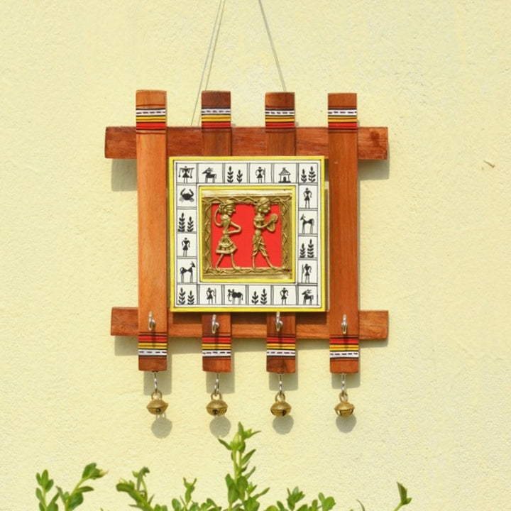 Handmade Bastar Dokra art square wooden key hanger wall mounted