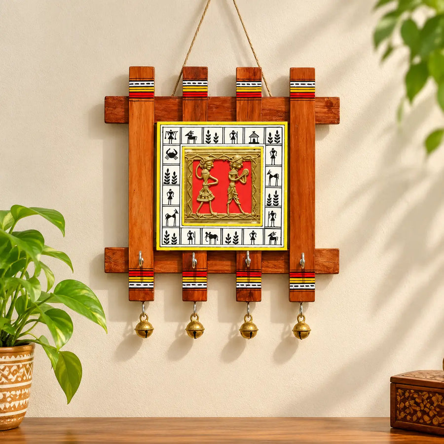Handmade Bastar Dokra art square wooden key hanger wall mounted