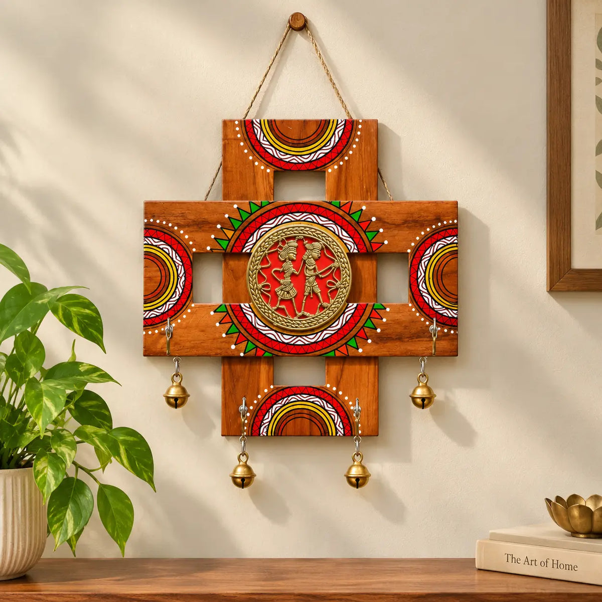 Wooden key hanger with Bastar Dokra art brass panel