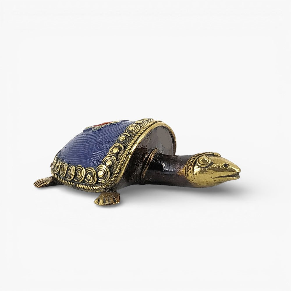 Handcrafted Bastar Dokra bell metal coin tortoise figurine tribal animal decor side view