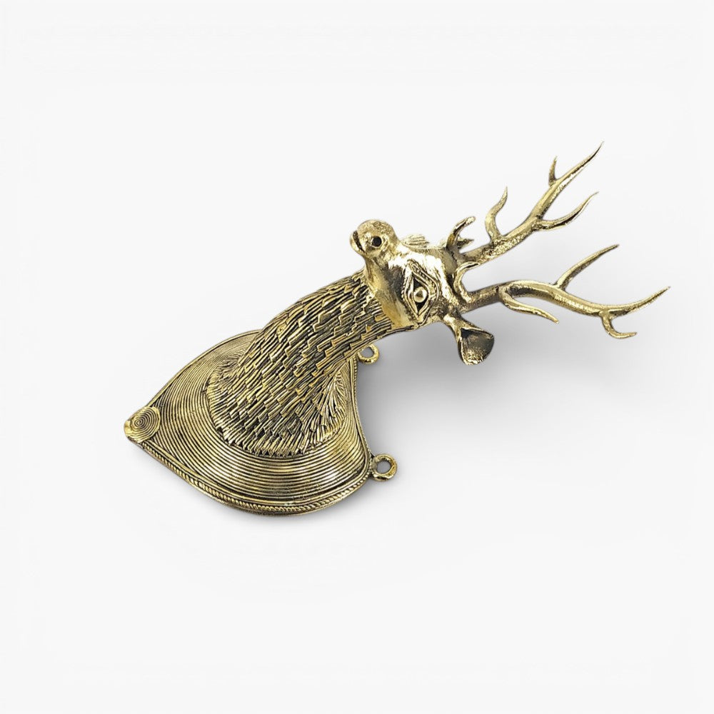 Traditional Bastar Dokra art brass deer head antler wall accent golden handcrafted metal wall decor