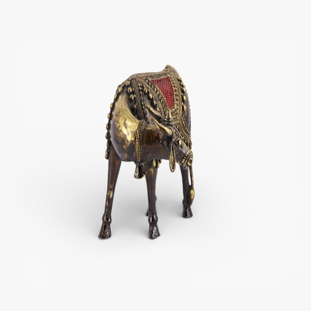 Handcrafted Bastar Dokra brass cow statue with hanging bells multicolor tribal art decor