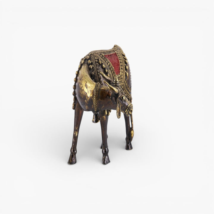 Handcrafted Bastar Dokra brass cow statue with hanging bells multicolor tribal art decor