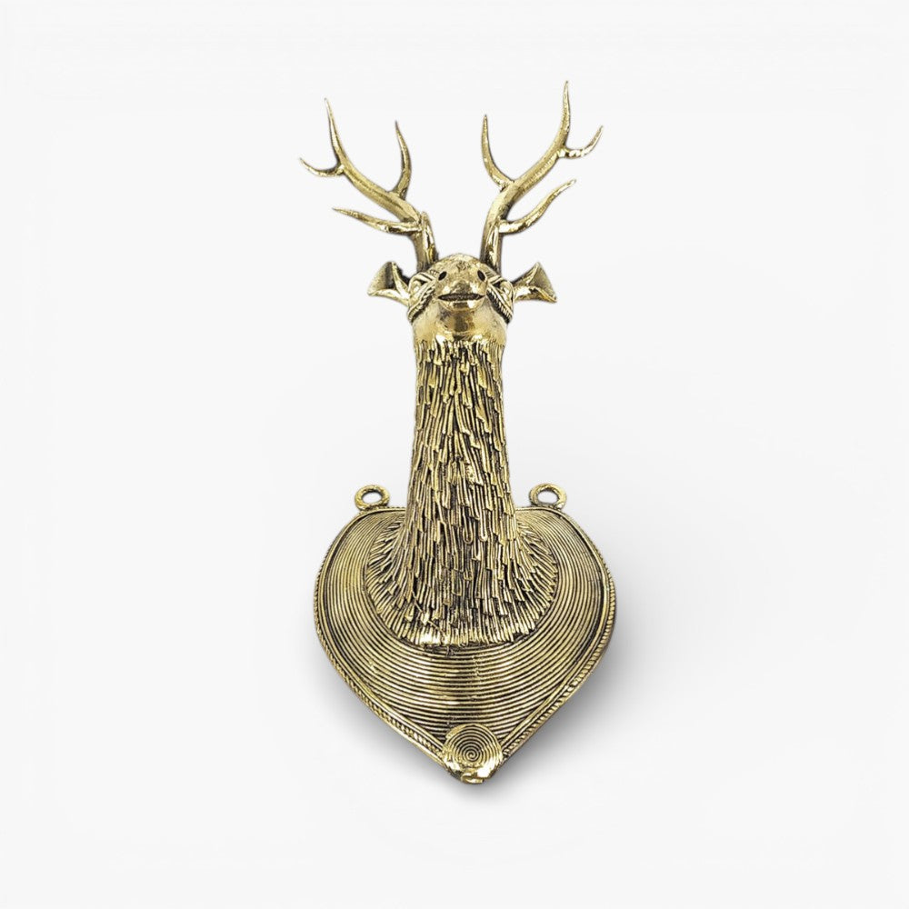 Handcrafted Bastar Dokra art brass deer head wall accent golden finish traditional metal wall decor