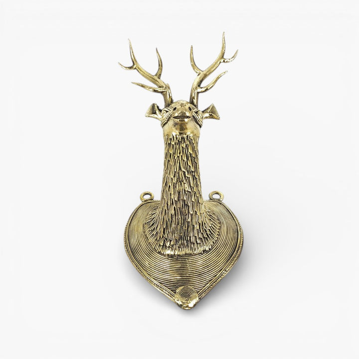 Handcrafted Bastar Dokra art brass deer head wall accent golden finish traditional metal wall decor