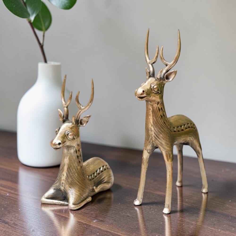 Handcrafted Bastar Dokra brass deer pair statue standing and sitting golden finish tribal art home decor