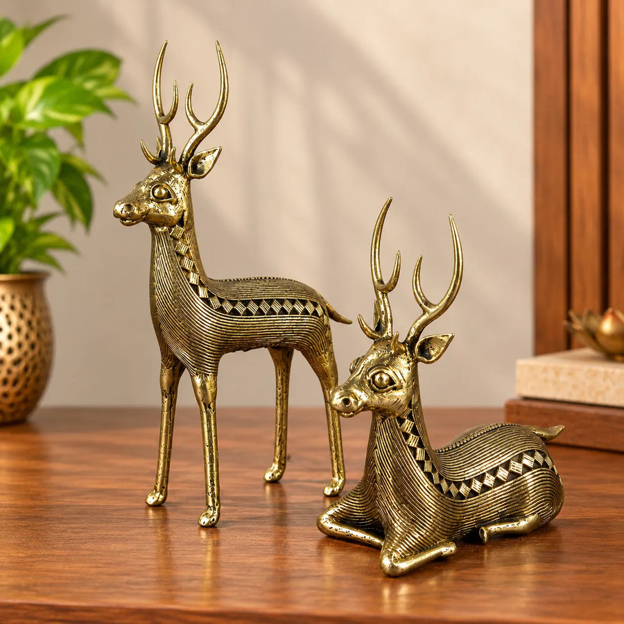 Handcrafted Bastar Dokra brass deer pair statue standing and sitting golden finish tribal art home decor