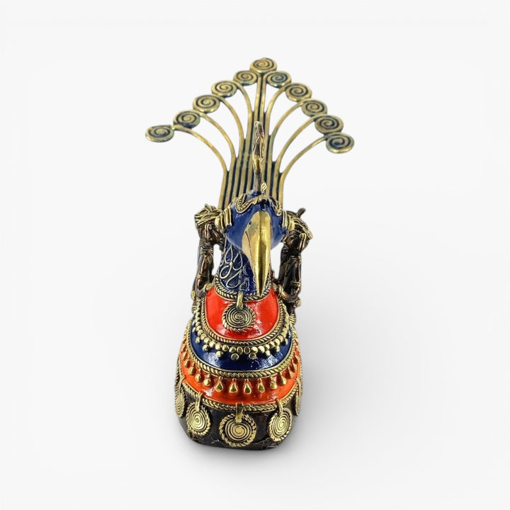 Handcrafted Bastar Dokra art brass peacock boat multicolor decorative tribal sculpture front view