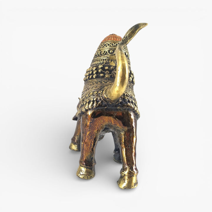 Back view handcrafted Bastar Dokra brass raging bull statue tribal art metal sculpture