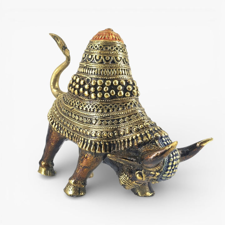 Front view handcrafted Bastar Dokra brass raging bull statue traditional tribal sculpture