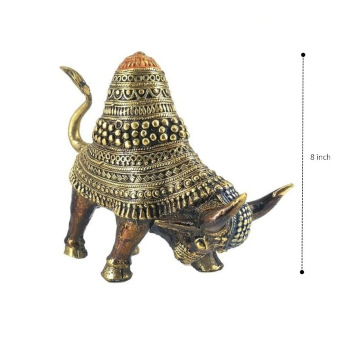 Handcrafted Bastar Dokra brass raging bull statue tribal art sculpture with size reference