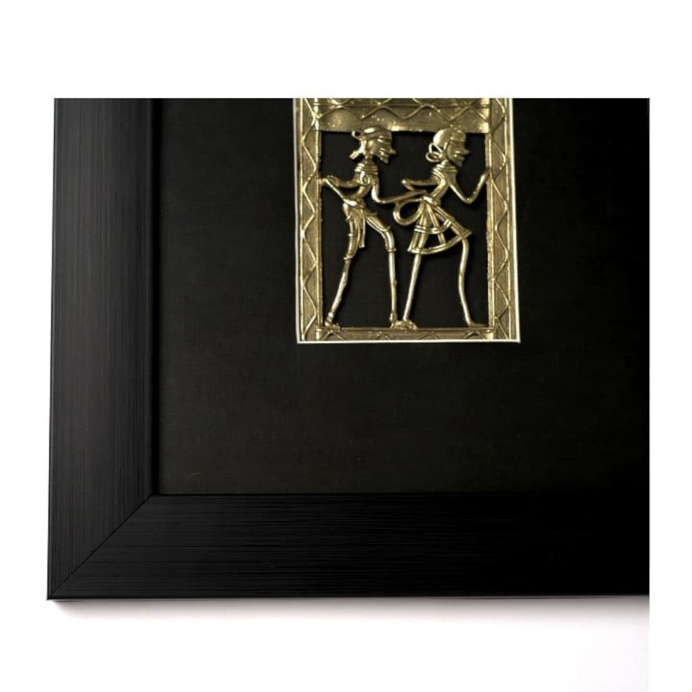 Traditional Bastar Dokra art brass wall decor mounted in black wooden frame handcrafted tribal artwork