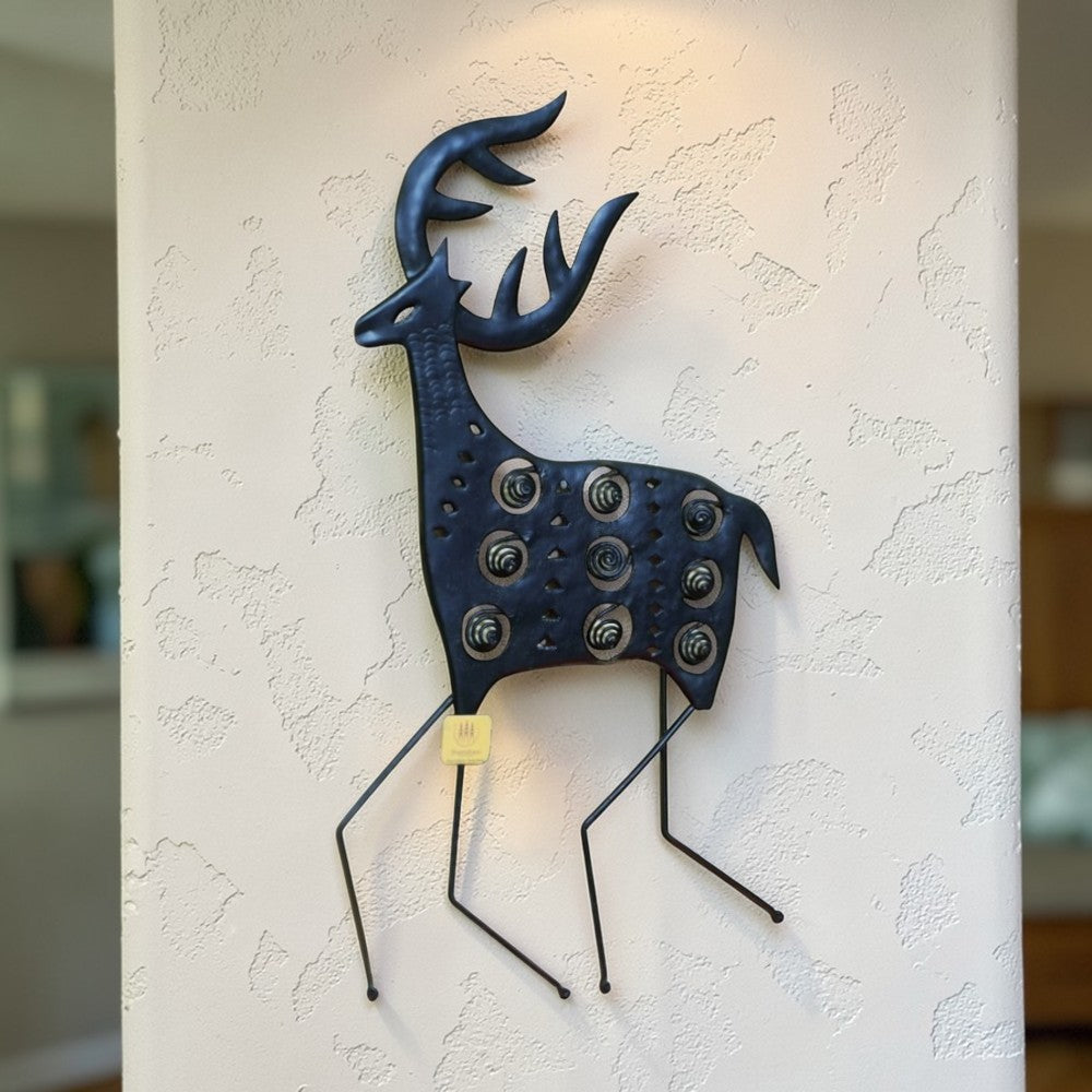 Handcrafted Bastar iron art abstract deer wall hanging black metal wall decor lifestyle display