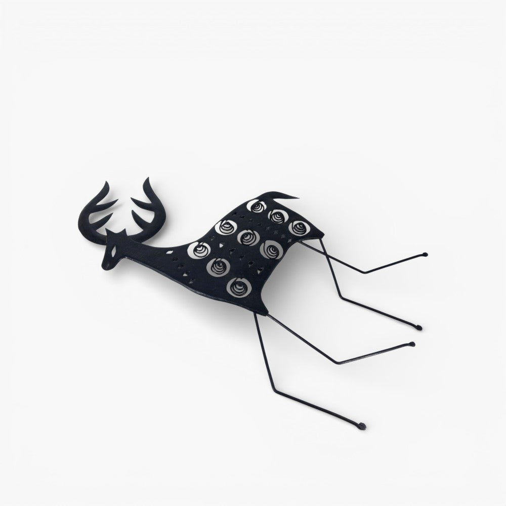 Handcrafted Bastar iron art abstract deer wall hanging black metal wall decor product angle view