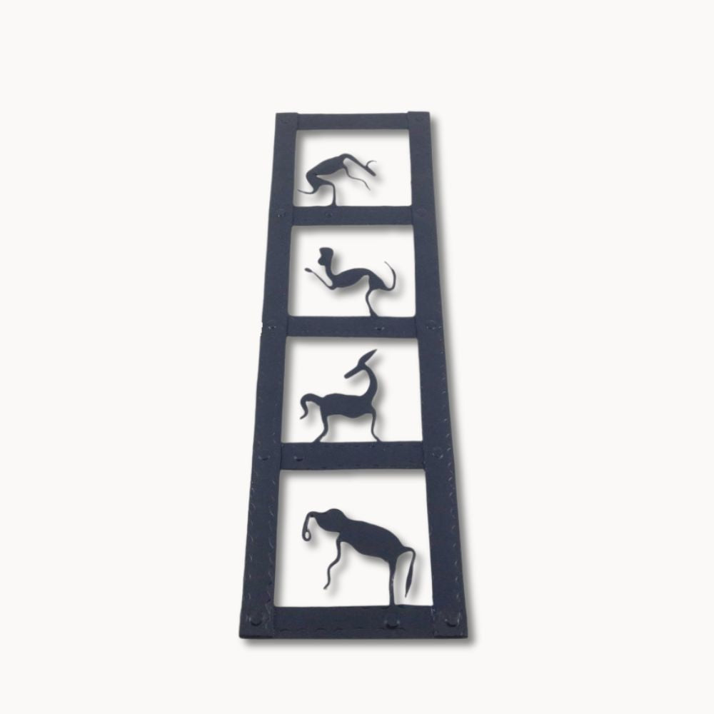 Handmade Bastar iron art animal kingdom wall panel black metal decorative tribal wall art vertical view