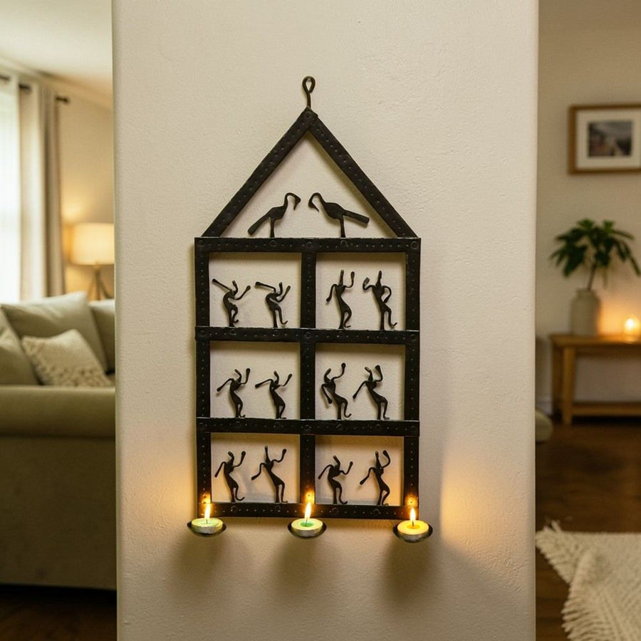 Handcrafted Bastar iron art dancing home wall hanging with tea light holders tribal metal wall decor lifestyle display