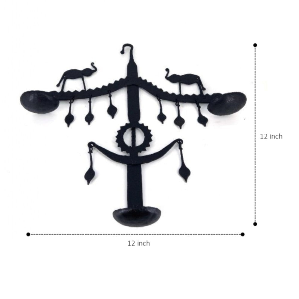 Bastar iron art elephant design wall hanging with size reference showing 12 inch handcrafted wall decor