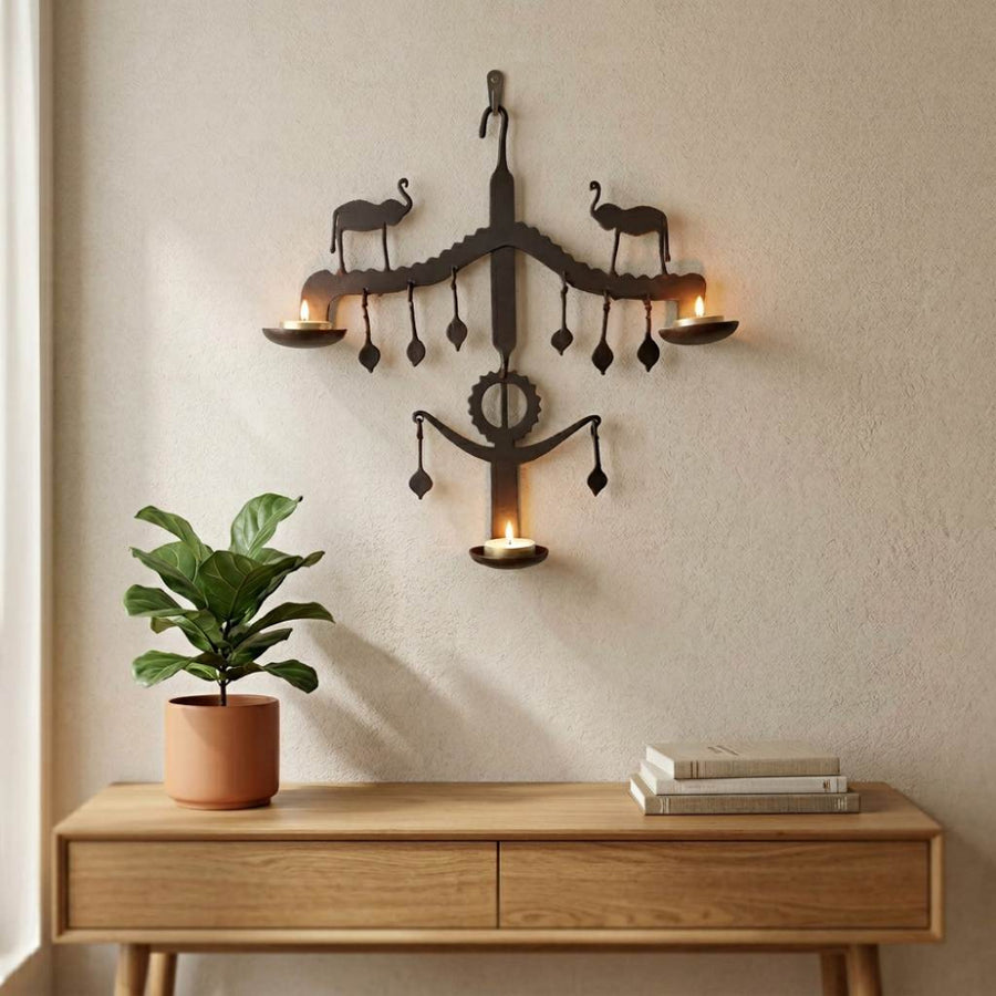 Handcrafted Bastar iron art elephant wall hanging with tea light holders traditional tribal wall decor