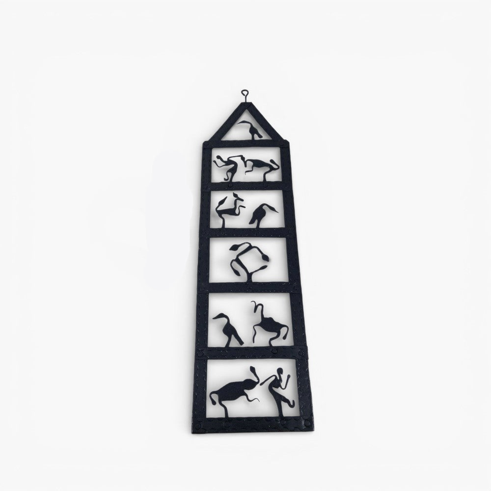 Handcrafted Bastar iron art man nature harmony wall hanging black metal tribal wall art vertical view