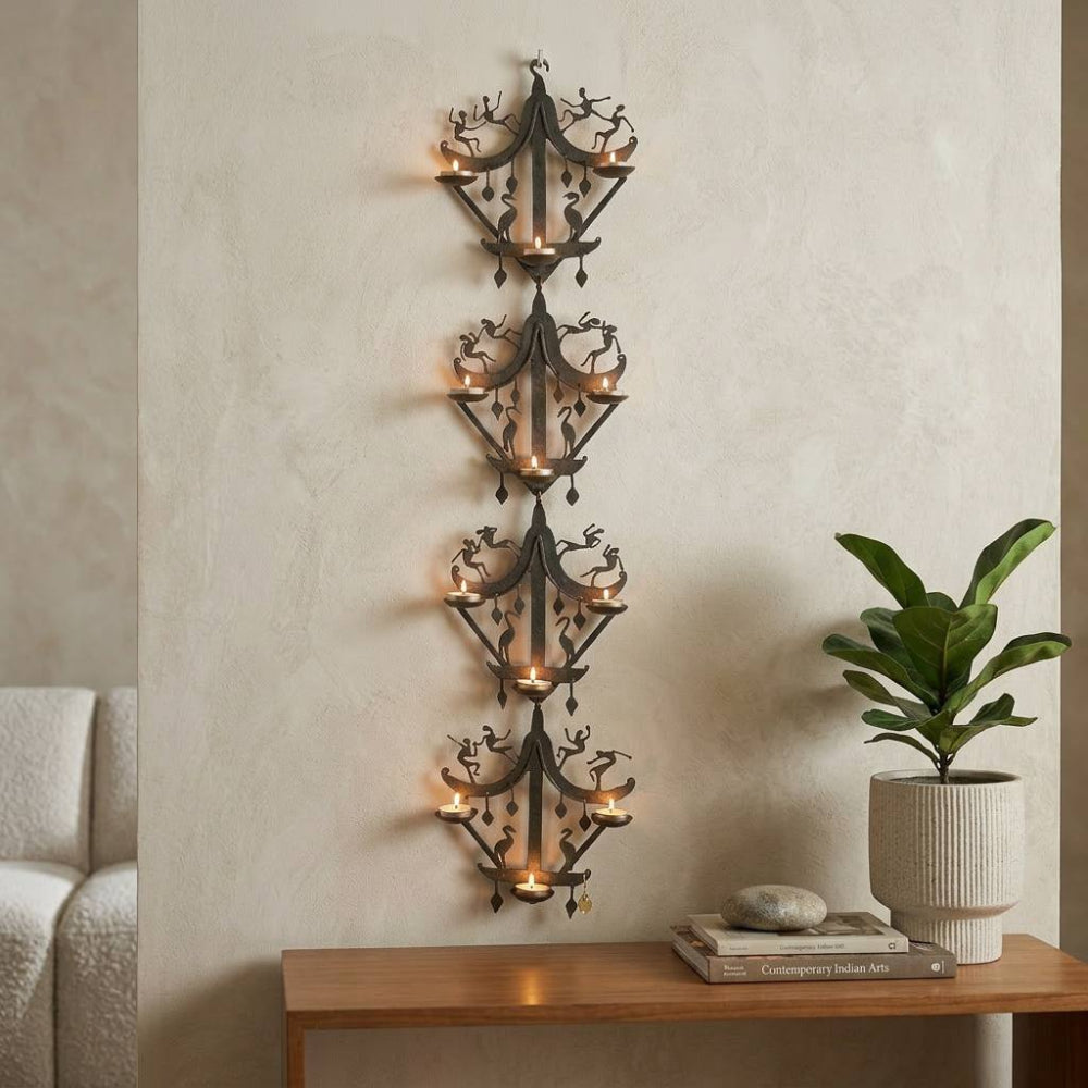 Handcrafted Bastar iron art moustache design wall hanging with tea light holders traditional metal wall decor